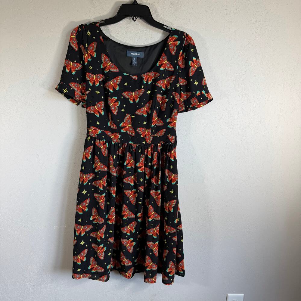 ModCloth “What’s the Scoop” A-Line Dress Black Whimsical Butterfly Moth Womens S